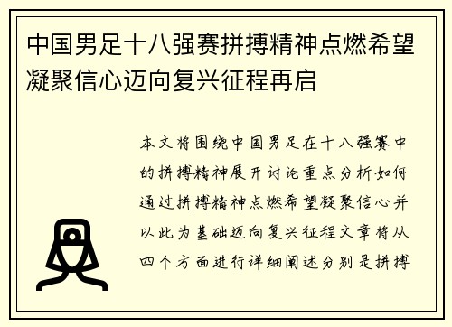 中国男足十八强赛拼搏精神点燃希望凝聚信心迈向复兴征程再启