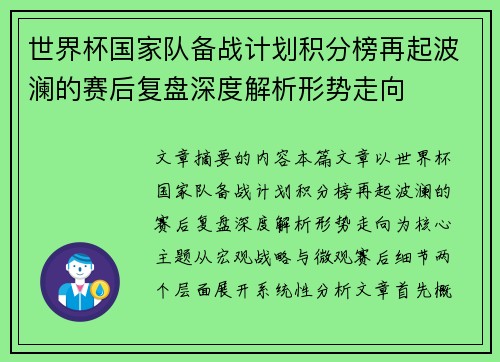 世界杯国家队备战计划积分榜再起波澜的赛后复盘深度解析形势走向