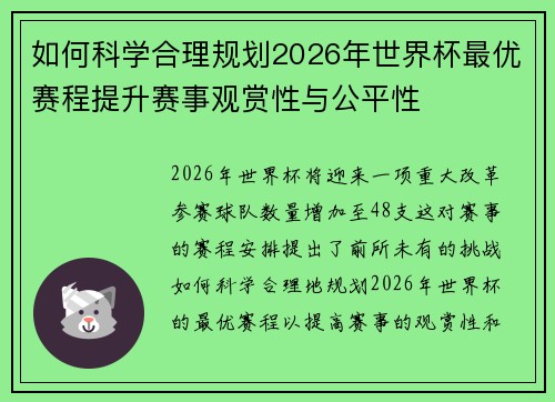 如何科学合理规划2026年世界杯最优赛程提升赛事观赏性与公平性